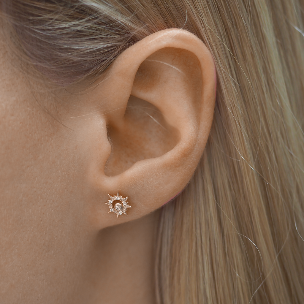 Surya 12 Carat Rose Gold and White Topaz Sun Stud Earrings