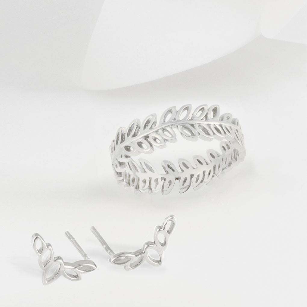 Flor Silver Olive Leaf Ring and Earring Set