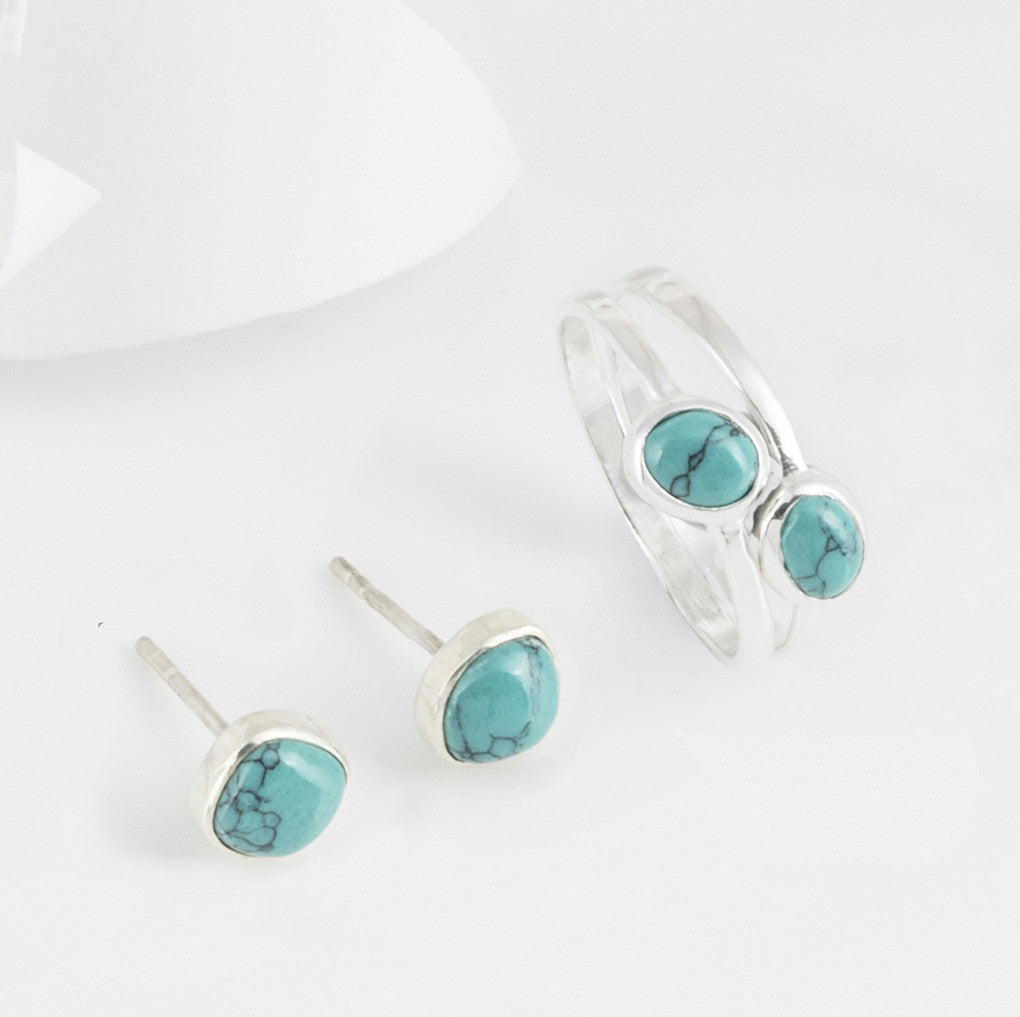Azul Silver and Turquoise Stud Earrings & Stacking Ring Set