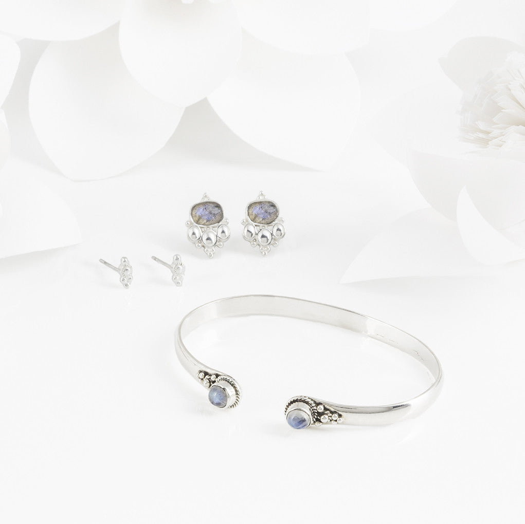 Cascabel Silver Labradorite with Moonstone Earring and Bangle Set