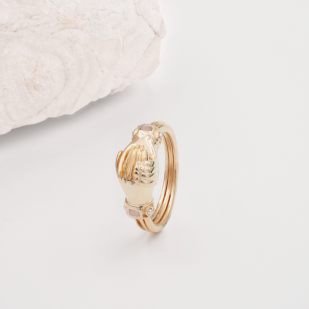 Fede Rose Gold, Rose Quartz and Pearl Gimmel, Claddagh Ring