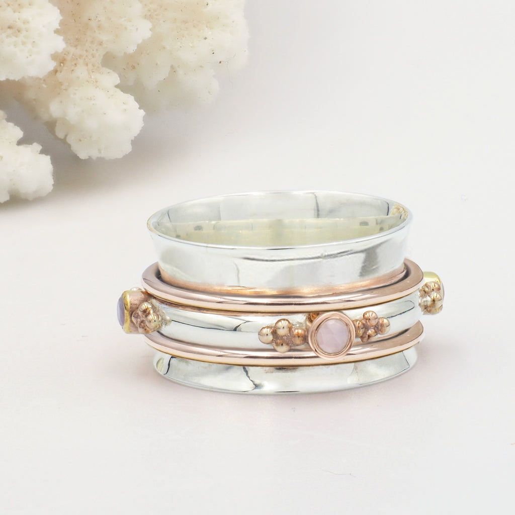 Aurora Silver, Rose Gold & Rose Quartz Spinning Ring