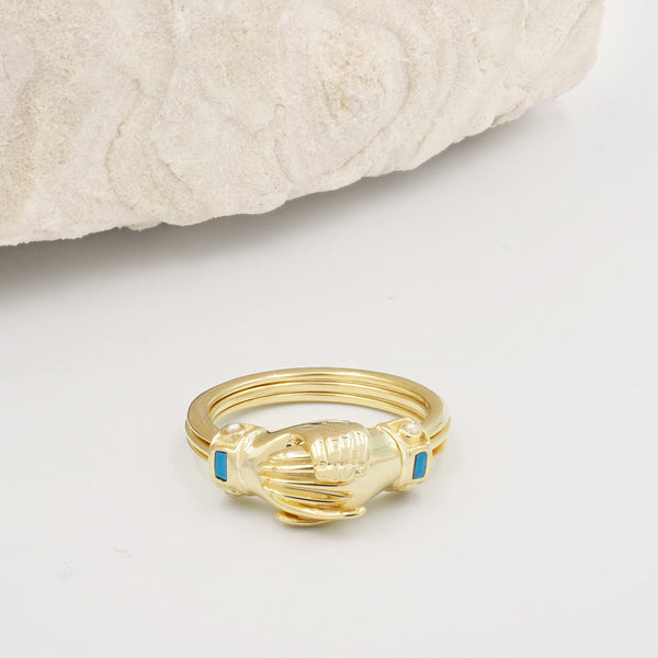 Fede Gold, Turquoise and Pearl Gimmel, Claddagh Ring – Lucie Locket