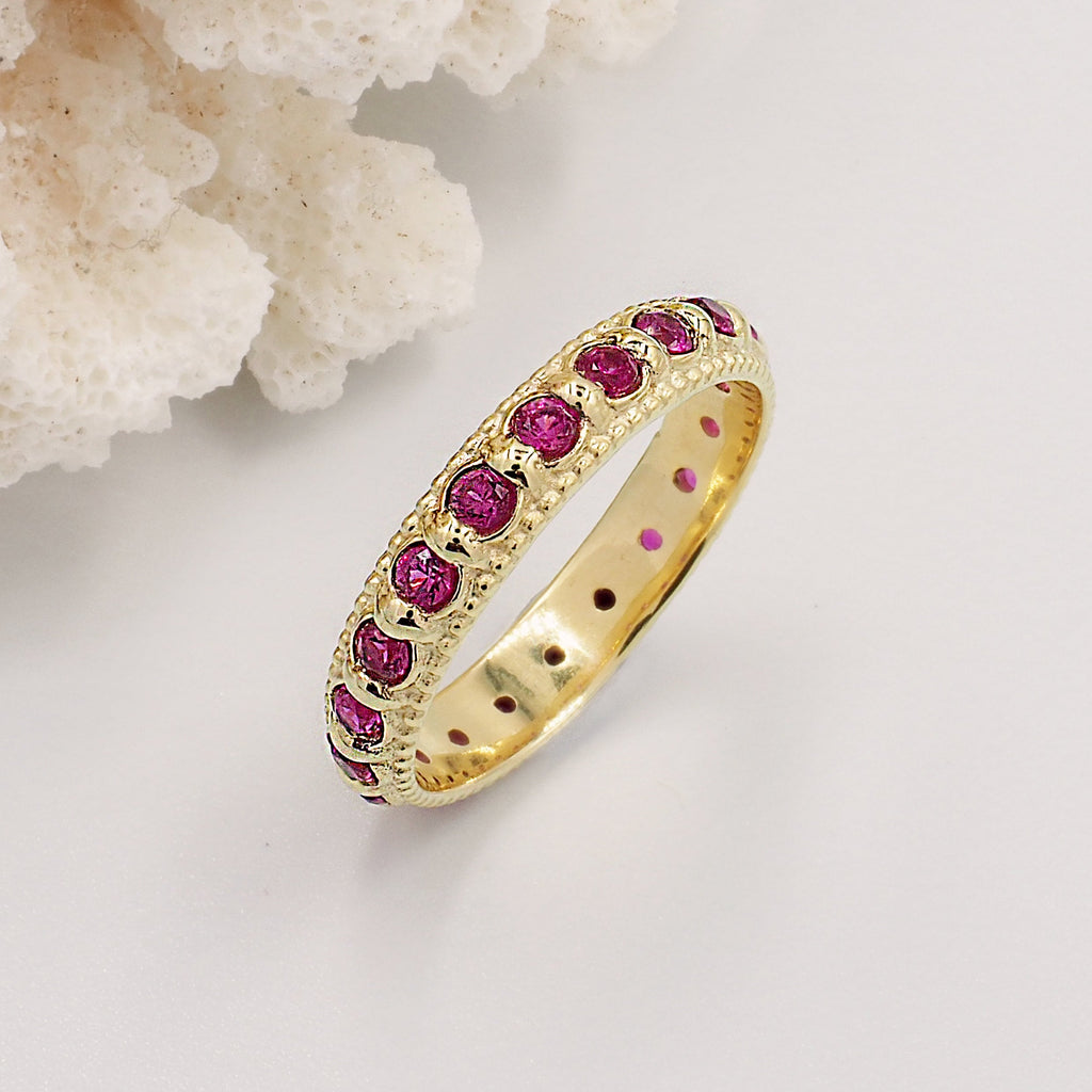 Elia Garnet Rhodolite & Gold Stacking Eternity Wedding Ring Band