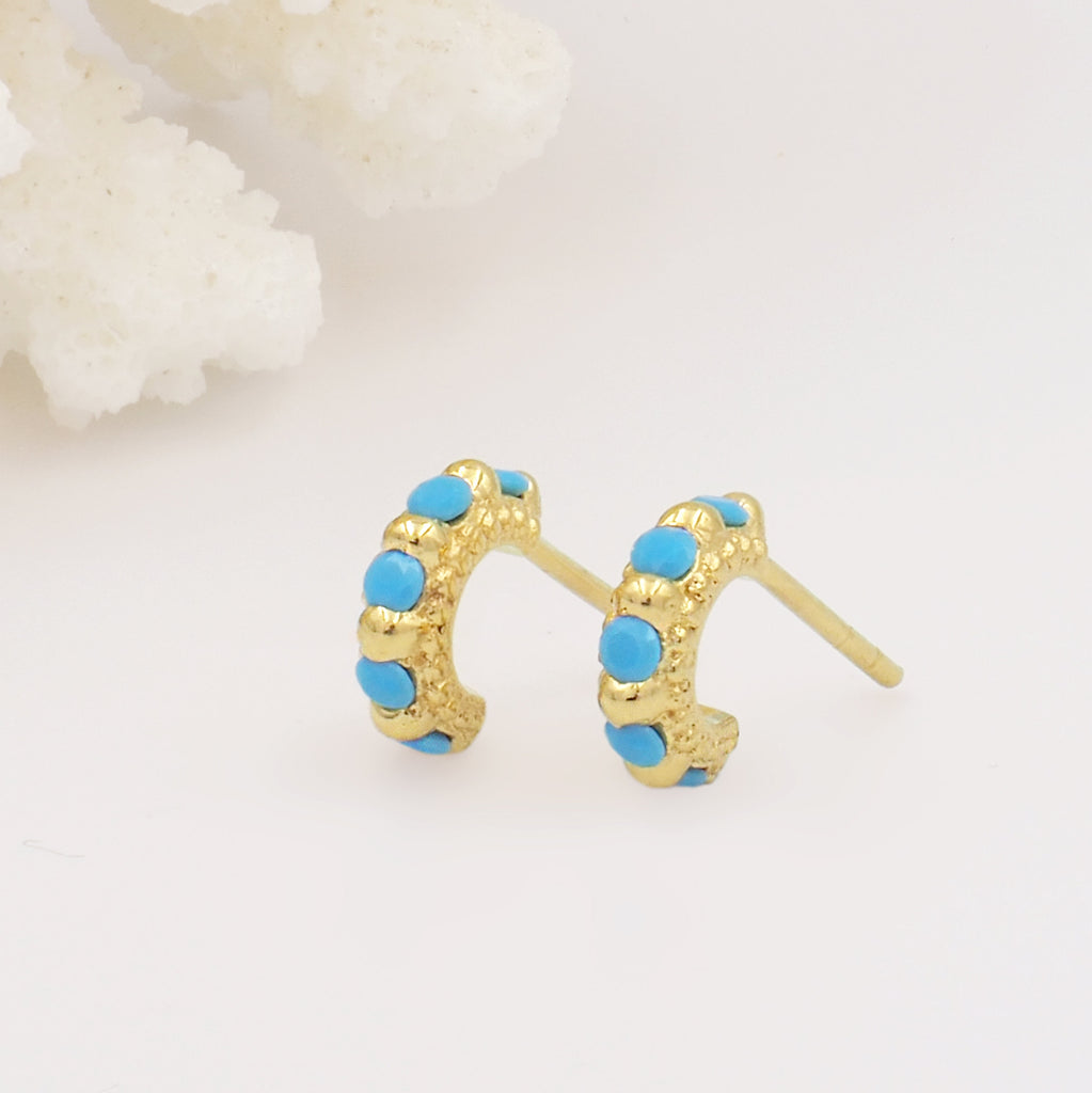 Tiny, Mini 18k Gold Plated & Turquoise Gemstone Molten 9mm Huggie Hoop Earrings