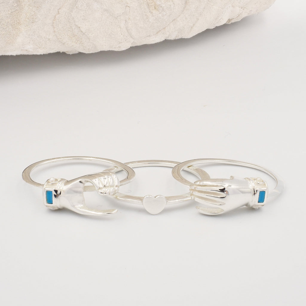 Fede Silver, Gold, Turquoise and Pearl Gimmel, Claddagh Ring