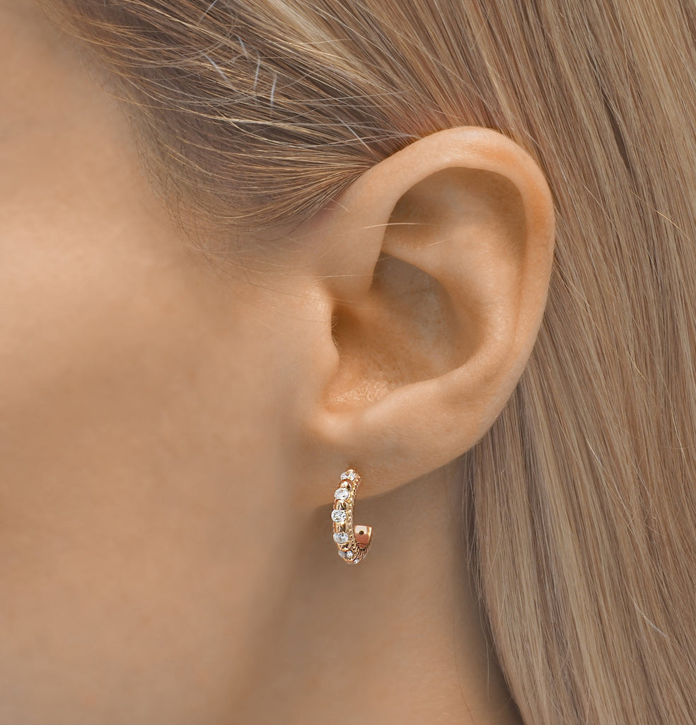 Tiny, Mini 18k Rose Gold Plated & White Topaz Molten 9mm Huggie Hoop Earrings
