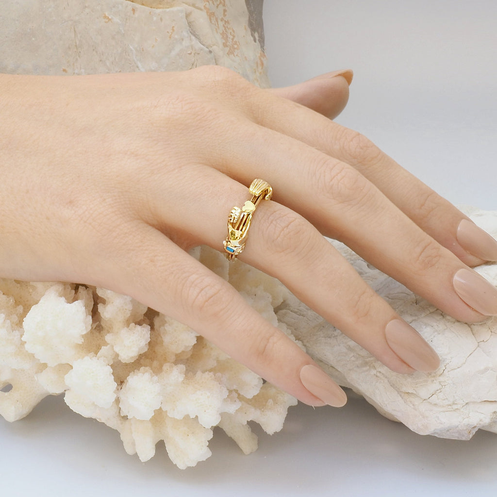 Fede Gold, Turquoise and Pearl Gimmel, Claddagh Ring