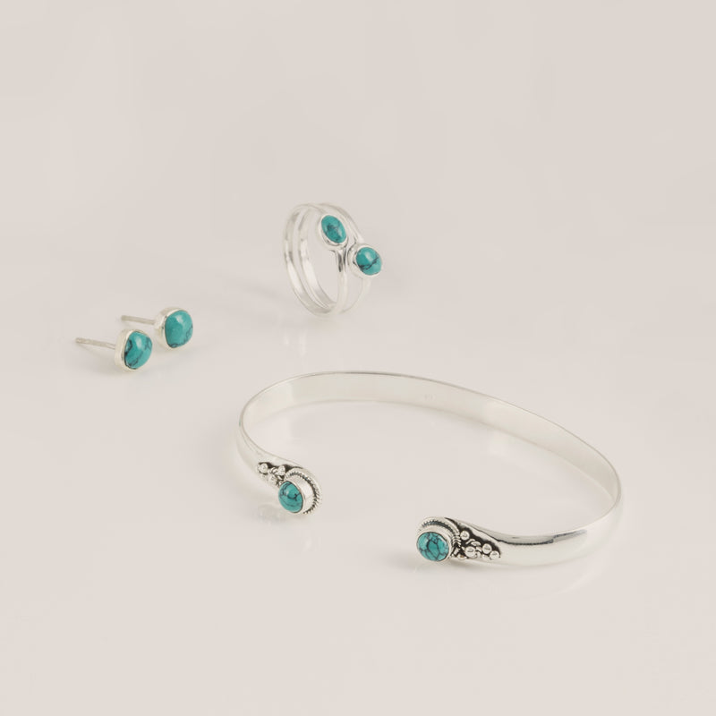 Azul Silver & Turquoise Earrings, Ring & Bangle Set