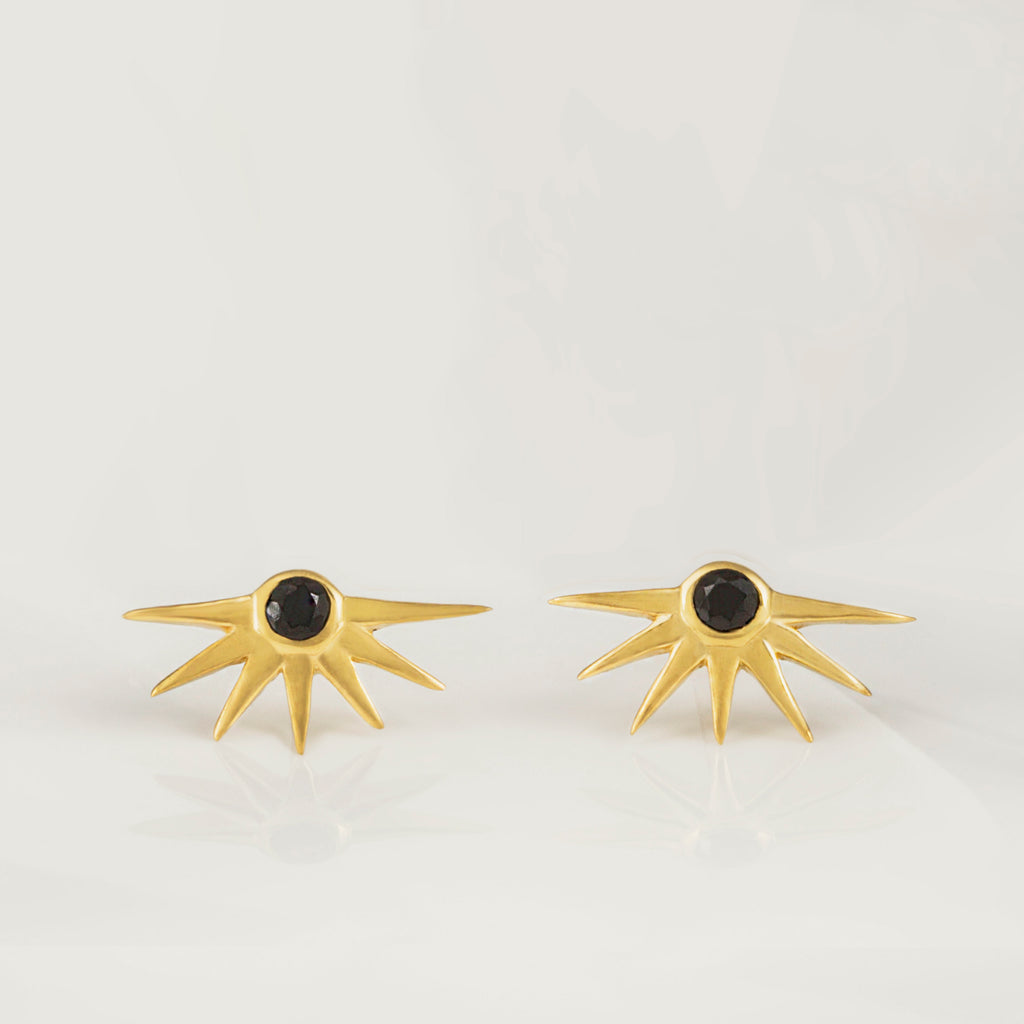 Estrella Gold Half Star Stud Earrings with Black Onyx
