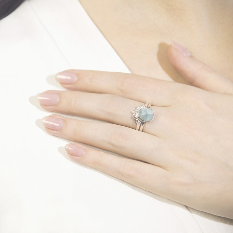 Austra Silver and Aquamarine Ring with Halo Nesting Band