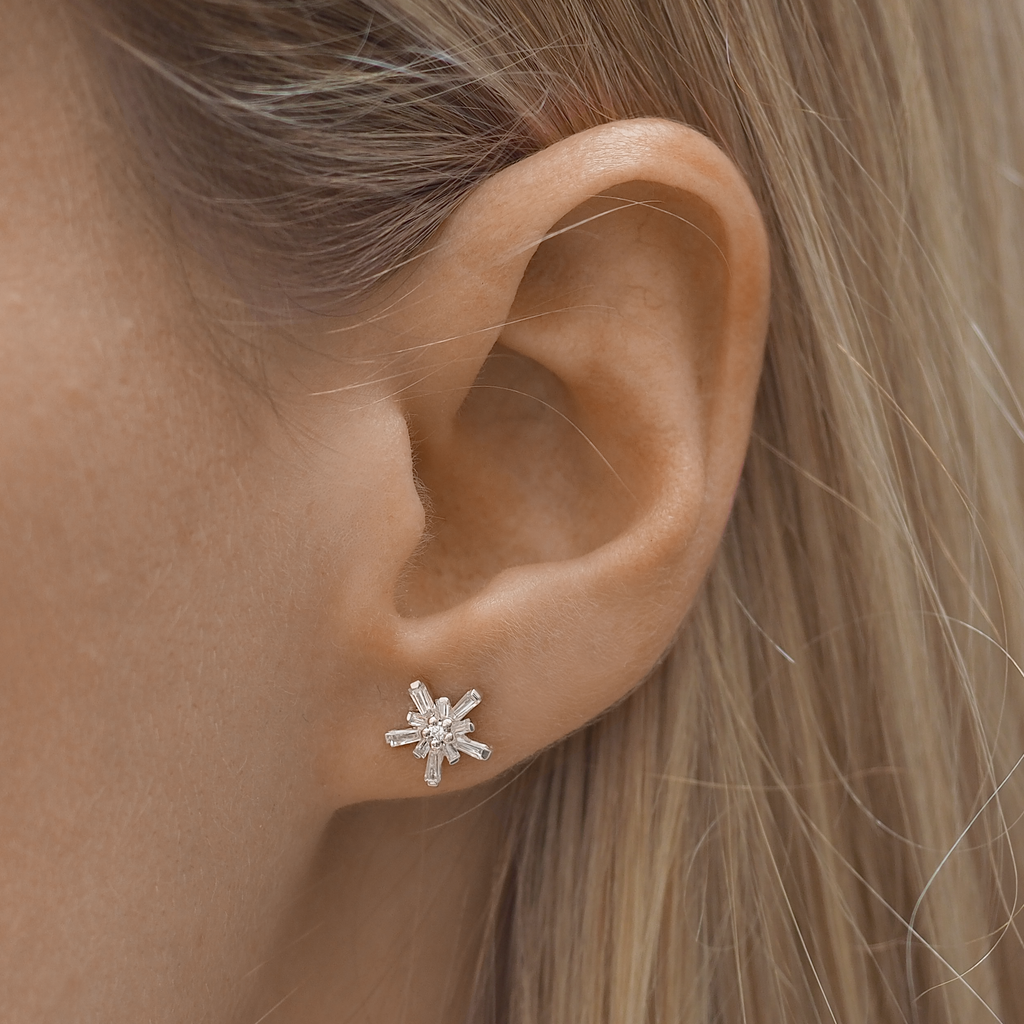 Hima 925 Sterling Silver, White Topaz Snowflake Stud Earrings
