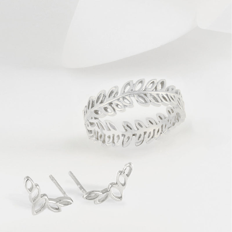 Flor Silver Olive Leaf Ring and Earring Set