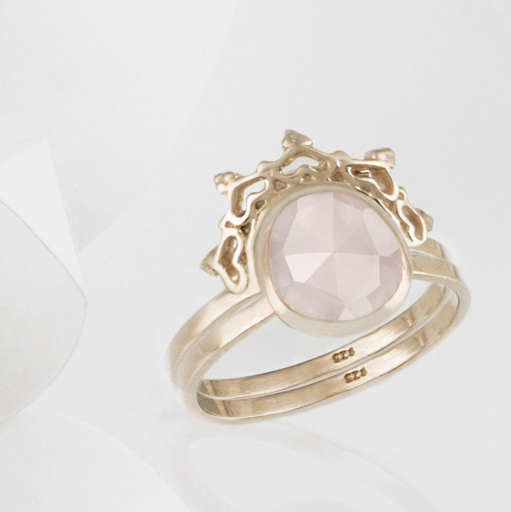 Austra Rose Gold and Rose Quartz Ring with Halo Nesting Band