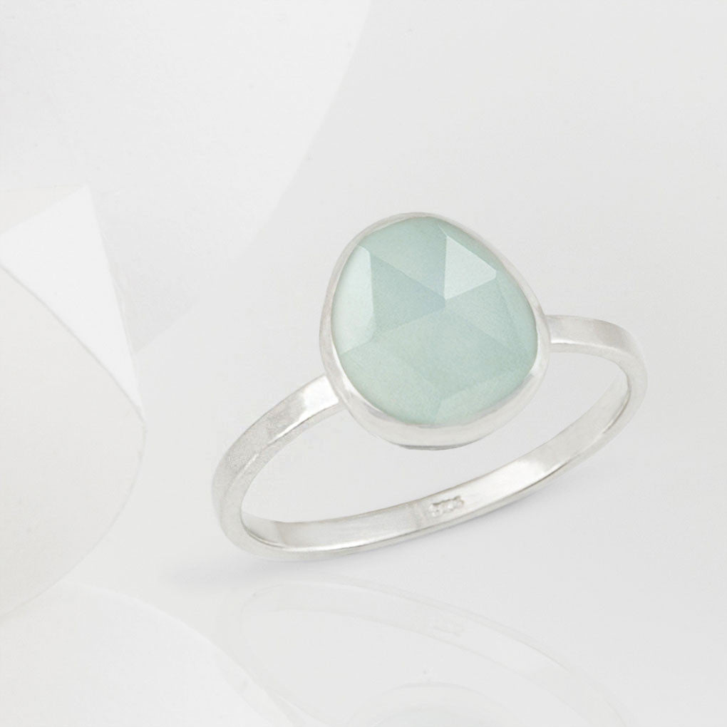 Austra Silver and Aquamarine Ring with Halo Nesting Band