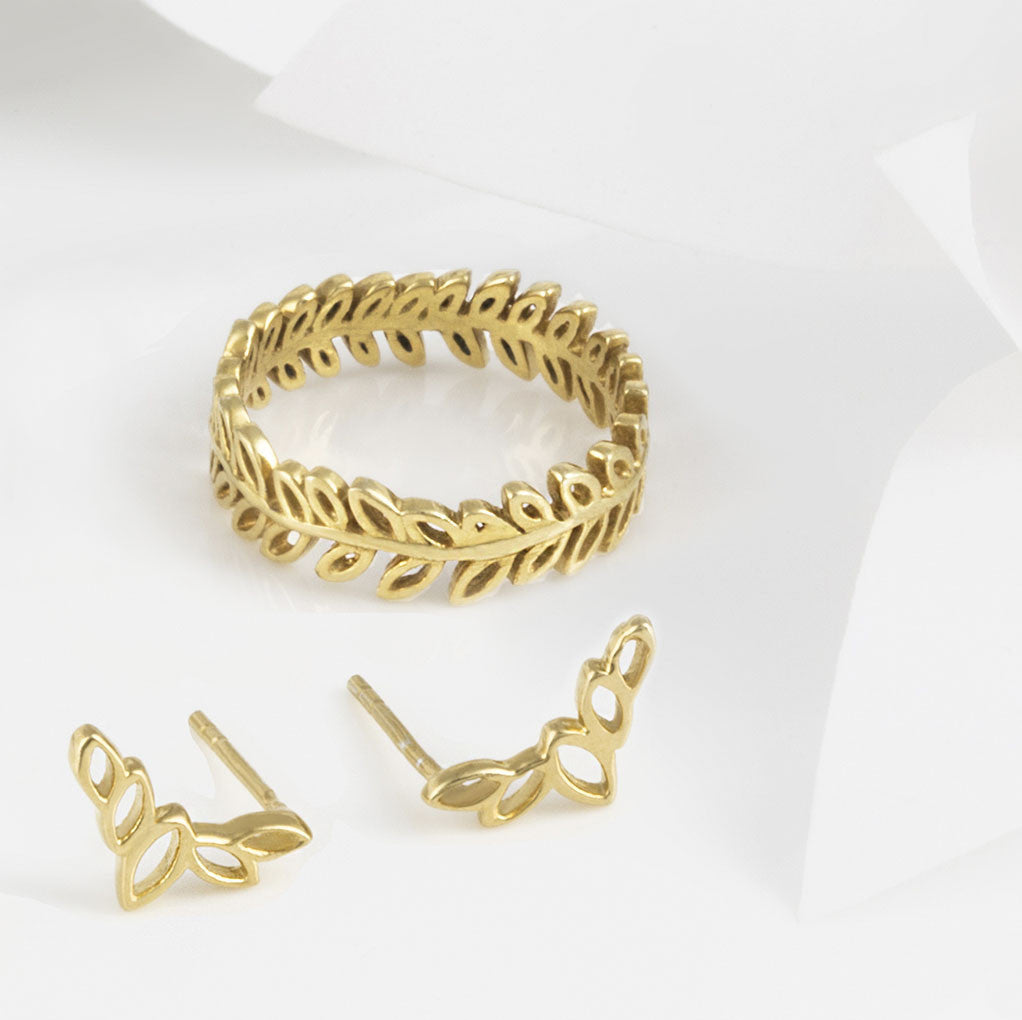 Flor Gold Olive Leaf Ring and Earring Set