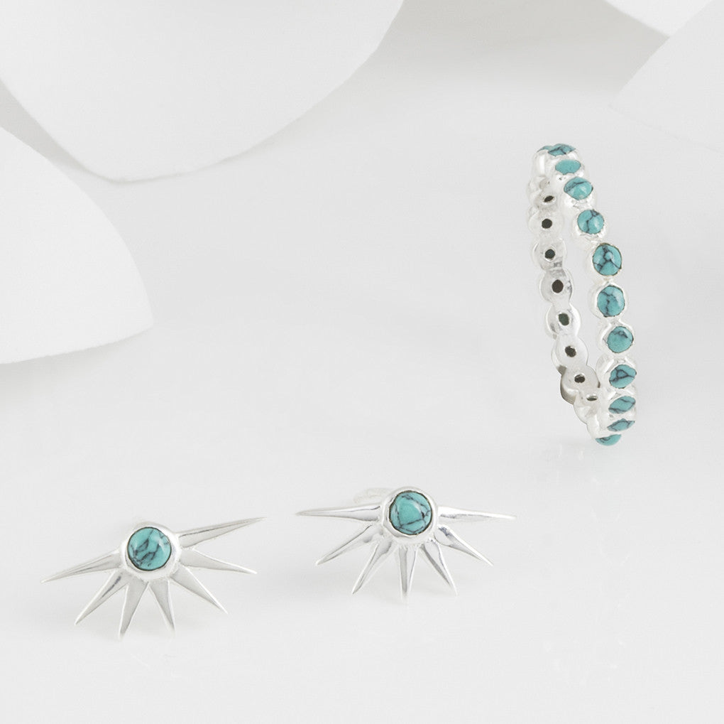 Estrella Turquoise and Silver Stacking Ring with Star Stud Earrings Set
