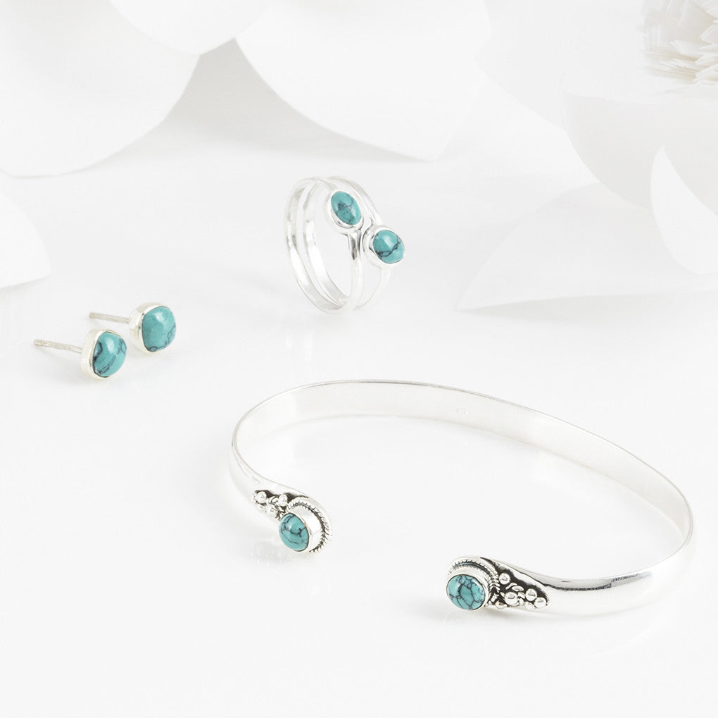 Azul Silver and Turquoise Earrings, Ring & Bangle Set