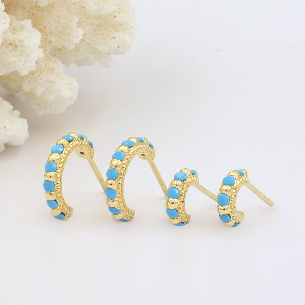 Tiny, Mini 18k Gold Plated & Turquoise Gemstone Molten 9mm Huggie Hoop Earrings