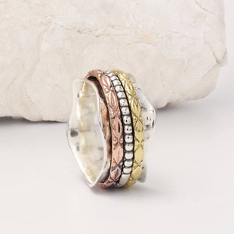 Cassini Engraved Band Mixed Metal & Sterling Silver Spinning Ring