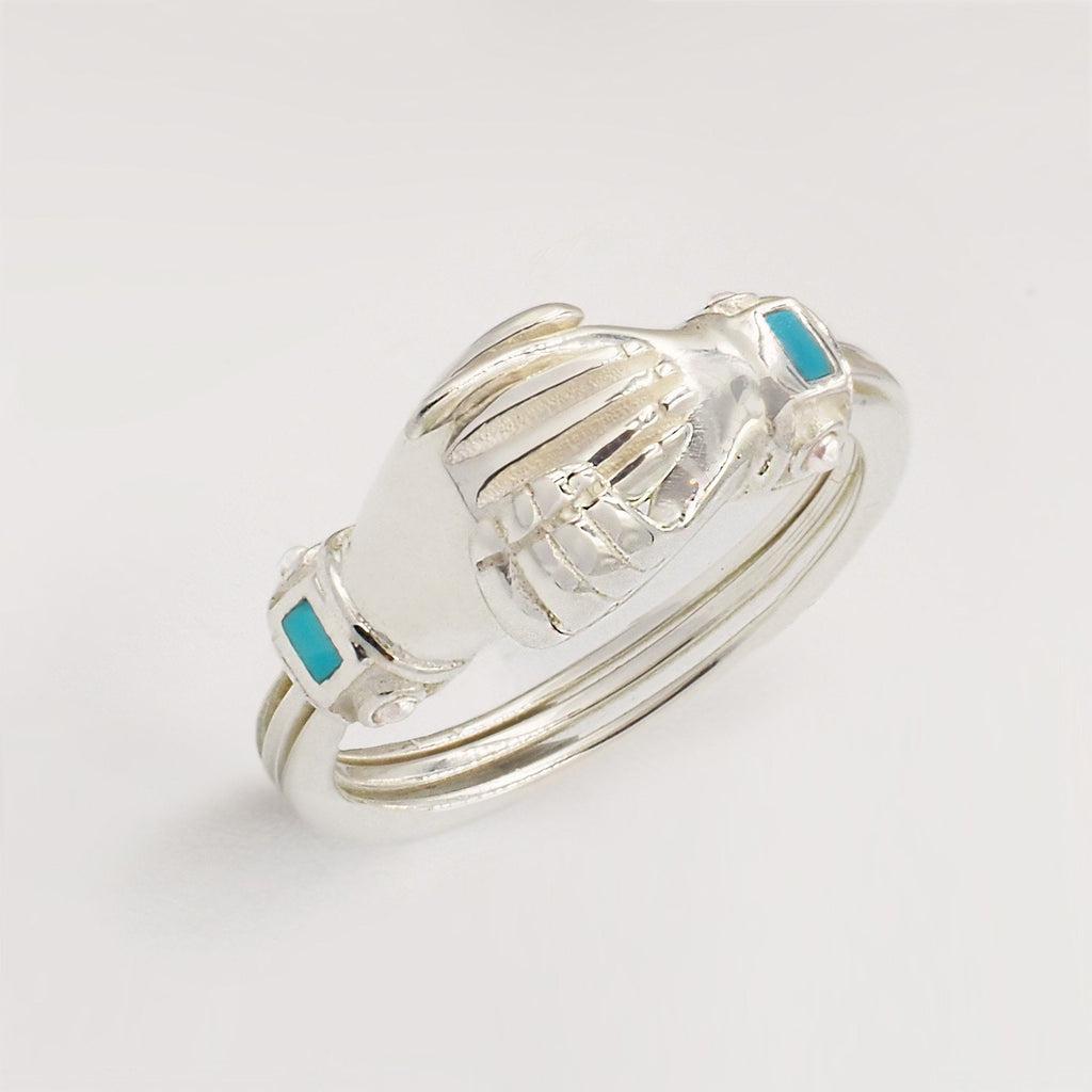 Fede Silver, Turquoise and Pearl Gimmel, Claddagh Ring