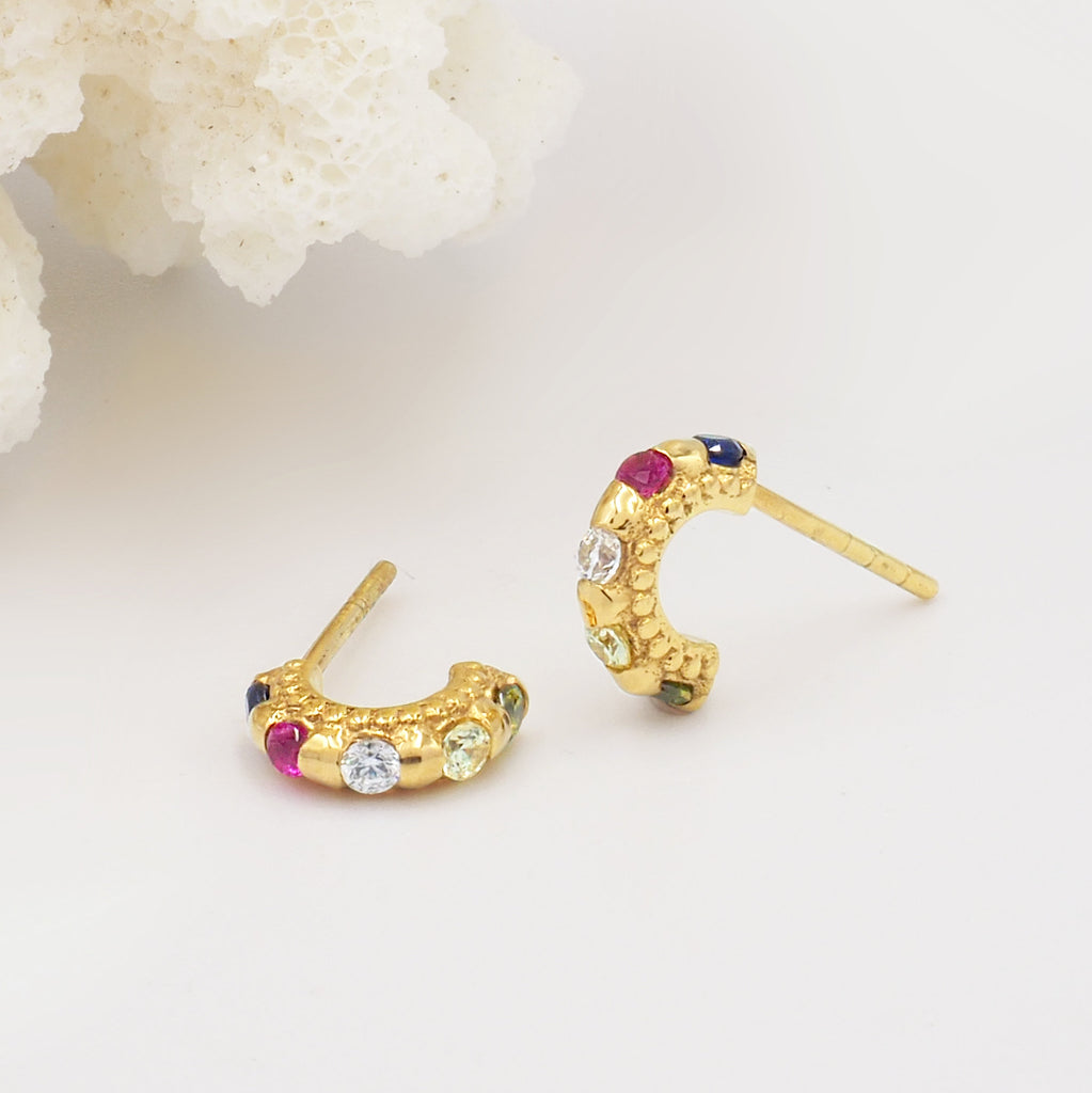Tiny, Mini 18k Gold Plated & Rainbow Gemstone Molten 9mm Huggie Hoop Earrings