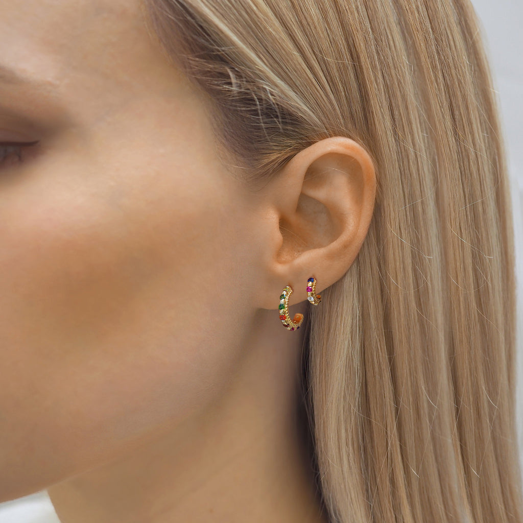 Tiny, Mini 18k Gold Plated & Rainbow Gemstone Molten 5mm Huggie Hoop Earrings