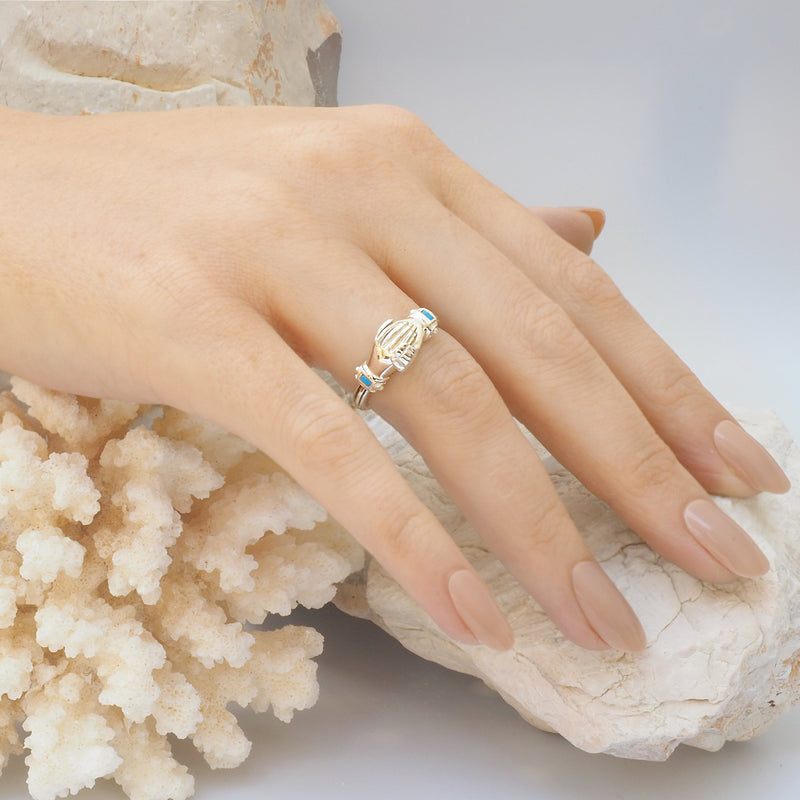 Fede Silver, Gold, Turquoise and Pearl Gimmel, Claddagh Ring