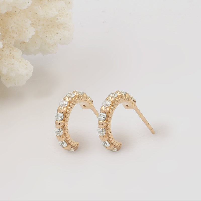 Tiny, Mini 18k Rose Gold Plated & White Topaz Molten 9mm Huggie Hoop Earrings