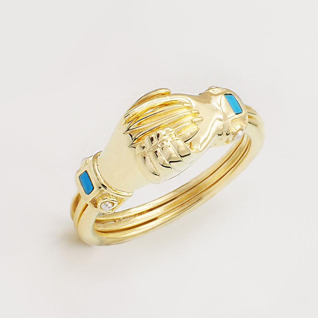 Fede Gold, Turquoise and Pearl Gimmel, Claddagh Ring