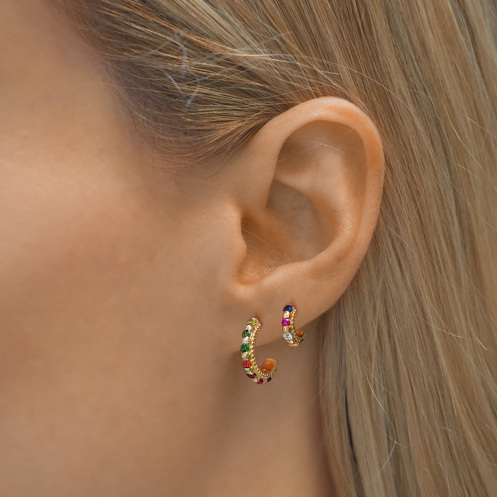 Tiny, Mini 18k Gold Plated & Rainbow Gemstone Molten 9mm Huggie Hoop Earrings