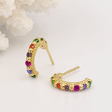 Tiny, Mini 18k Gold Plated & Rainbow Gemstone Molten 9mm Huggie Hoop Earrings