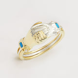 Fede Silver, Gold, Turquoise and Pearl Gimmel, Claddagh Ring